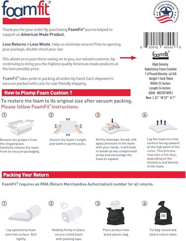 FoamFit Upholstery Firm Foam Cushion Insert Replacement 1 Inch Thick 22" Wide 24 Inches Long High Density 1.8 lb 46 ILD in Kuwait