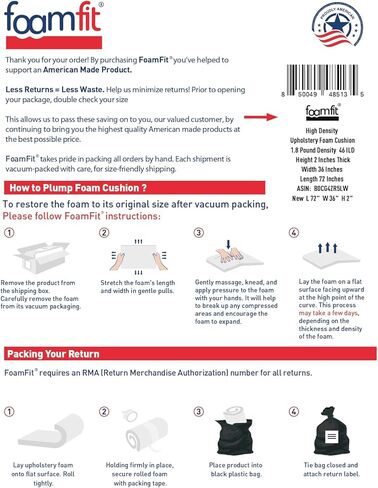 وسادة إسفنجية ثابتة من المفروشات، 2 بوصة سميكة، 36 بوصة واسعة، 72 بوصة طويلة، عالية الكثافة 1.8 رطل 46 ILD in Kuwait