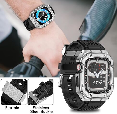 SUPLINK Stainless Steel Case and Band Compatible with Apple Watch Bands 40mm 41mm 38mm Men,Rugged Cover Bumper Soft Silicone Wristband for iWatch Apple Watch Series 9 8 7 6 5 4 3 2 1 SE Black in Saudi Arabia