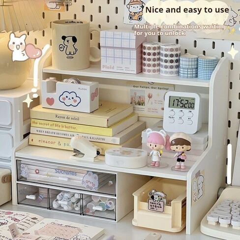 Desktop Organizer Office Desk Storage Rack, Desktop Shelf for Top of Desk, Stationery Cosmetics Toy Storage Display Shelf, White Expandable Desktop Stand Shelf for Office, Dormitory, Home(Medium) in Saudi Arabia