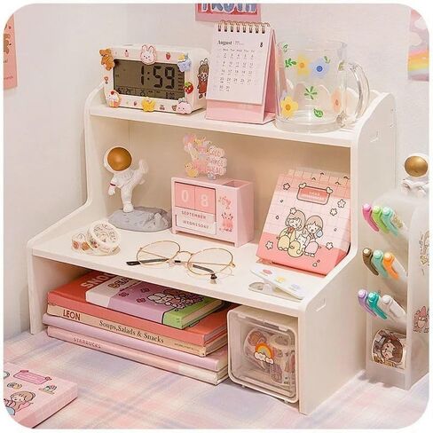 Desktop Organizer Office Desk Storage Rack, Desktop Shelf for Top of Desk, Stationery Cosmetics Toy Storage Display Shelf, White Expandable Desktop Stand Shelf for Office, Dormitory, Home(Medium) in Saudi Arabia