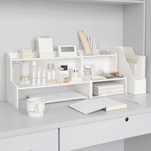 Desktop Organizer Office Desk Storage Rack, Desktop Shelf for Top of Desk, Stationery Cosmetics Toy Storage Display Shelf, White Expandable Desktop Stand Shelf for Office, Dormitory, Home(Medium) in Saudi Arabia
