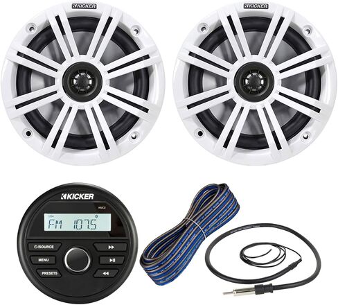 Kicker Weather-Resistant Marine Gauge Style Bluetooth USB Receiver Bundle Combo with 1 Pair (Qty 2) 6.5" 2-Way 195W Max Coaxial Boat Speakers with White Grilles, 50Ft 16-Gauge Wire, 22" Antenna in Saudi Arabia