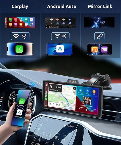 شاشة Carplay لاسلكية محمولة مقاس 10.26 بوصة مع كاميرا أمامية عالية الدقة وكاميرا احتياطية/لاسلكية Android Auto/MirrorLink، Podofo HD IPS شاشة تعمل باللمس ستيريو سيارة مع نظام تحديد المواقع Siri Bluetooth، شاشة Carplay للسيارة in Saudi Arabia