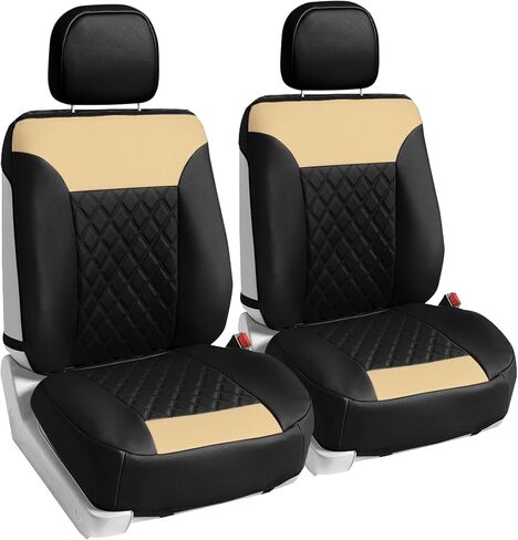 FH Group Front Set Faux Leather Car Seat Cover for Low Back Seat with Removable Headrest, Universal Fit, Airbag Compatible Seat Cover for SUV, Beige/Black in Saudi Arabia