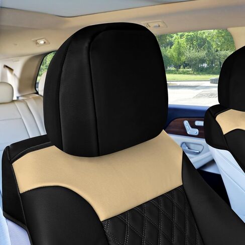 FH Group Front Set Faux Leather Car Seat Cover for Low Back Seat with Removable Headrest, Universal Fit, Airbag Compatible Seat Cover for SUV, Beige/Black in Saudi Arabia