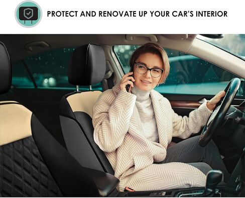 FH Group Front Set Faux Leather Car Seat Cover for Low Back Seat with Removable Headrest, Universal Fit, Airbag Compatible Seat Cover for SUV, Beige/Black in Saudi Arabia
