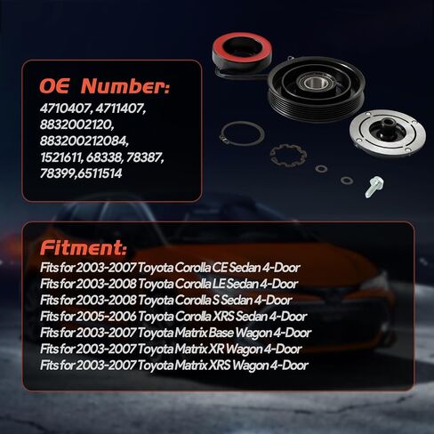 A/C Air Compressor Clutch Kit 4710407 A/C Clutch Assembly for Toyota Corolla 6 1.8L 2003-2008 Air Conditioning Compressor Aftermarket Automotive Parts Replacement OE#6511514 in Saudi Arabia