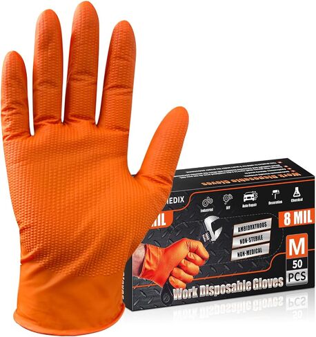 PROMEDIX P Heavy Duty Nitrile Disposable Gloves,8-mil Orange,Raised Diamond Texture Work Gloves，Industrial Work gloves in Saudi Arabia