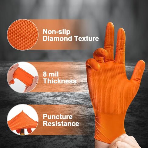 PROMEDIX P Heavy Duty Nitrile Disposable Gloves,8-mil Orange,Raised Diamond Texture Work Gloves，Industrial Work gloves in Saudi Arabia