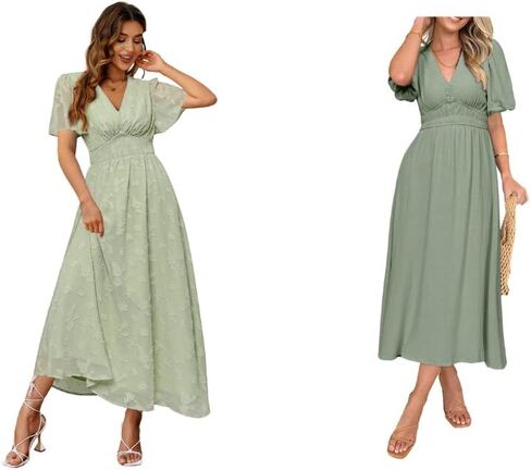 فستان Simplee نسائي بوهو مزهّر برقبة على شكل V وأكمام قصيرة فستان رسمي طويل مكشكش صيفي طويل من الدانتيل لوصيفة العروس وحفلات الزفاف والسهرات in Kuwait