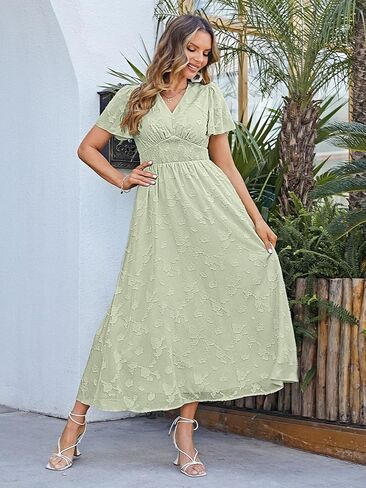 فستان Simplee نسائي بوهو مزهّر برقبة على شكل V وأكمام قصيرة فستان رسمي طويل مكشكش صيفي طويل من الدانتيل لوصيفة العروس وحفلات الزفاف والسهرات in Kuwait