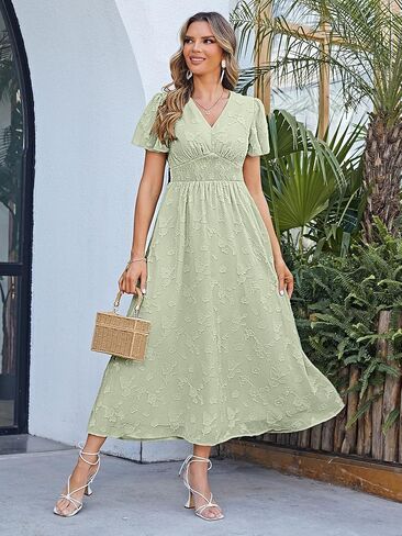 فستان Simplee نسائي بوهو مزهّر برقبة على شكل V وأكمام قصيرة فستان رسمي طويل مكشكش صيفي طويل من الدانتيل لوصيفة العروس وحفلات الزفاف والسهرات in Kuwait
