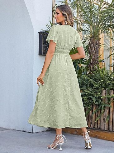 فستان Simplee نسائي بوهو مزهّر برقبة على شكل V وأكمام قصيرة فستان رسمي طويل مكشكش صيفي طويل من الدانتيل لوصيفة العروس وحفلات الزفاف والسهرات in Kuwait