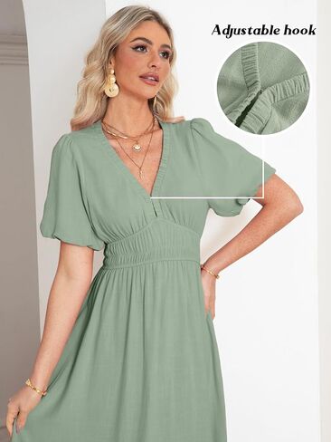 فستان Simplee نسائي بوهو مزهّر برقبة على شكل V وأكمام قصيرة فستان رسمي طويل مكشكش صيفي طويل من الدانتيل لوصيفة العروس وحفلات الزفاف والسهرات in Kuwait