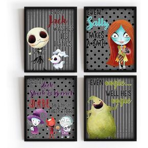 Silly Goose Gifts Character Themed Bathroom Wall Art Print Set - Even A Nightmare Will Brush Teeth Take A Bath Wash Hands- Funny Jack & Sally Bath Reminders Picture Decor