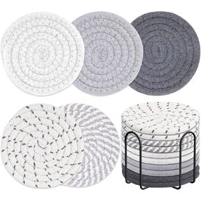 10 Pieces Coasters for Drink Absorbent, 5 Colors Drink Coasters with Holder, Woven Coasters Set for Coffee Table, Wooden Table Decor, Home Decor, 4.3 Inches
