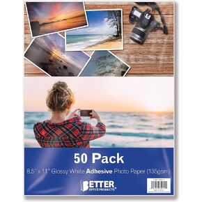 ورق صور ذاتي اللصق، ورق صور لاصق، لامع، مقاس 8.5 × 11 بوصة، 50 ورقة، من شركة Better Office Products، 135 جرامًا للمتر المربع، حجم الحروف، حزمة مكونة من 50 قطعة