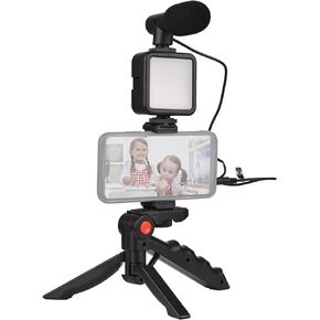 Smartphone Vlog Kit for iPhone, Android with Mini LED Video Light + Cardioid Microphone + Extendable Phone Clip + Tripod for Live Stream Vlog Video Shooting Video Conference Selfie
