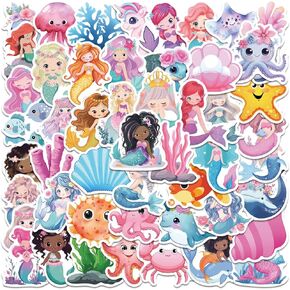 Cute Mermaid Ocean Stickers for Kids Girls, 50PCS Mermaid Princess Vinyl Waterproof Stickers for Water Bottles,Laptop, Kawaii Ocean Animals Decals,Girls Gift,Mermaid Party Supplies (Mermaid)