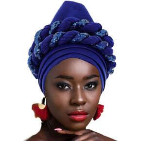 Urieo African Sequin Head Wrap Braid Turban Hat Elastic Beanie Headwrap for Women Blue
