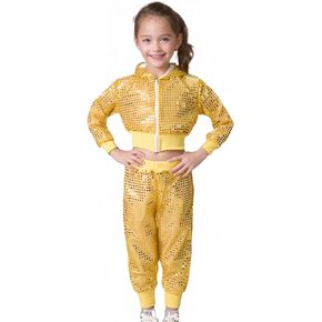 Girls Sequin Suit 2 Piece Set with Sequin Jacket and Sequin Pants, Kids Dance Performance Suit for 4-10 years