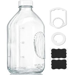 64 Oz Heavy Duty Glass Milk Bottle, Reusable Airtight Strong Screw Lid - 2 Qt Water Bottles with Scale Lines, BPA Free - Extra Gaskets & Handle, Multi Use