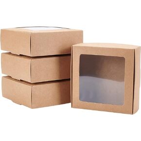 BENECREAT 20 Packs 3.7x3.7x1.4inch Square Brown Kraft Paper Boxes with Clear Windows for Wedding Party Favor, Bakery, Jewelry, Halloween Christmas Gift Packaging