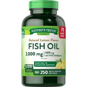 Burpless Fish Oil Pills 2000 mg | 600 mg Omega 3 | 250 Softgels | Natural Lemon Flavor | Non-GMO, Gluten Free Supplement | by Nature's Truth