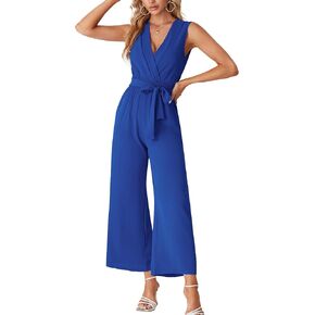 LYANER Women's Wrap Deep V Neck Tie Waist Sleeveless Wide Leg Jumpsuit Romper with Pocket
