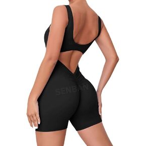 SENBAN Women Workout Jumpsuits Sexy Sleeveless Backless One Piece Rompers V Back Scrunch Yoga Jumpsuits Shorts Unitard