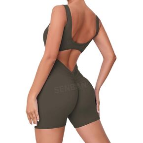 SENBAN Women Workout Jumpsuits Sexy Sleeveless Backless One Piece Rompers V Back Scrunch Yoga Jumpsuits Shorts Unitard