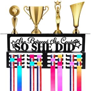 Karenhi Medal and Trophy Display Shelf Medal Holder Medal Hanger Rack Display Easy to Install Steel Medal and Trophy Display Shelf for Walls Holds 64+ Medals