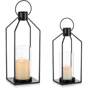 NUPTIO Gold Lanterns Decorative Indoor: 2 Set of Hanging Metal Candle Lantern with Bottomless Hurricane Glass for Wedding Home Front Porch Outdoor Living Room Fireplace Christmas Table Centerpiece