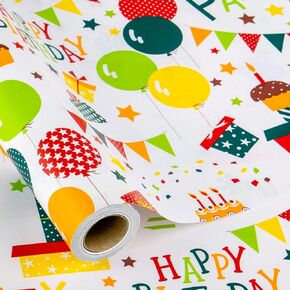 MAYPLUSS Birthday Wrapping Paper Roll -17in x 32.8FT Happy Birthday Lettering Gift Paper Rolls Kids Wrapping Paper Rolls Balloon,Cake,Box Gift Wrap Paper Party,Baby Shower Favor with Cutting Line
