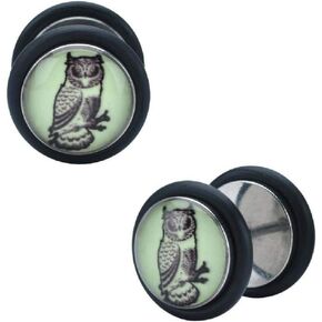 18GA Stainless Steel Glow In The Dark Owl Cheater Plugs, Sold as Pair