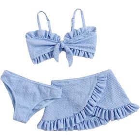 MakeMeChic Girl's 3 Piece Swimsuit Textured Knot Front Frill Trim Bikini Sets with Ruffle Wrap Cover Up Skirt