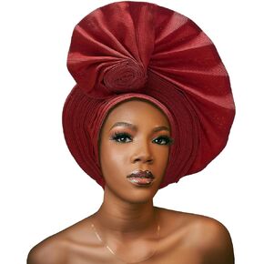 Auto Gele Headtie Already Made African Head Wraps For Women Nigerian Aso Oke Gele Femme Headgear Fashion Headbands 1set (Burgundy)