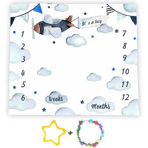 Airplane Baby Milestone Blanket for Boy or Girl, Aircraft Pilot Cloud Photography Background, Monthly Age Growth Chart with Frame, Baby Shower Newborn Mom Gifts, Large 48x40in BTOKSS0178