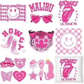 Whaline 8 Sheet Preppy Heat Transfer Vinyl Stickers Hot Pink Iron on Vinyl HTV Patches Smile Face Heart Leopard Pattern Iron on Transfers Stickers for Y2k Hippie Fabric T-Shirts Hat Bag DIY Crafts
