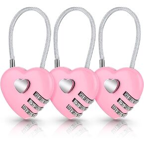 3 Pcs Heart Combination Locks, Pink Suitcase Lock, Cute Locker Code Lock Mini Heart-Shaped Cable Padlock Small Steel Wire Rope Waterproof Locks for Travel Bags Backpacks(Original Code:0-0-0)