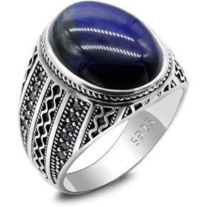 S925 Sterling Silver Blue Tiger Eye Men's Ring Engraving Design Jewelry Handmade Unique Birthday Gift Everyday Wear Ring Size 8-12