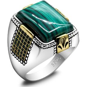 Solid 925 Sterling Silver Malachite Ring for Men Square Signet Ring Turkish Handmade Style Gemstone Jewelry