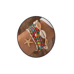 WCRAZYE Beach Layered Starfish Shell Bracelets for Women Multilayer Beads Gold Starfish Bracelet Handmade Boho Beaded Bracelet Seashell Bracelet Summer Beach Surfer Ocean Jewelry (Colorful)