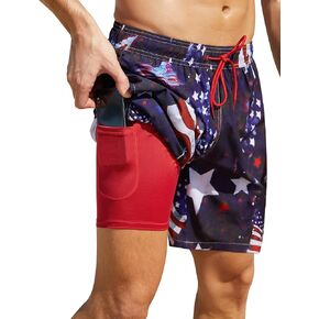 Nonwe Men's Swim Trunks with Compression Liner Quick Dry 7" Bathing Suits Tropical Board Shorts with Liner Pocket