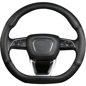 Cxtiy D Shaped Steering Wheel Cover, Genuine Leather Flat Bottom Stearing Wheel Cover Luxury Car Accessories 14.5-15 Inch (Black)