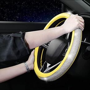 Bling Diamond Steering Wheel Cover, Leather Steering Wheel Covers for Women Girls with Crystal Rhinestones, Breathable, Anti-Slip Universal Fit 14-15 Inch Bling Car Accessories(Yellow)