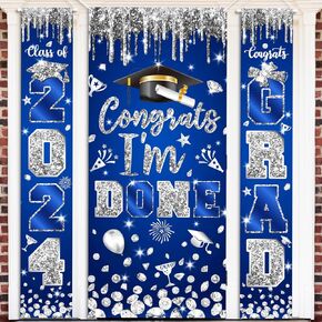 Blue and Silver Graduation Porch Sign Banner Graduation Decorations Class of 2025 Hanging Banner Blue Silver Congrats I'm Done Door Cover for High School College Graduation Party Supplies (Blue Silver)