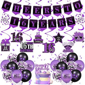 Purple 16th Birthday Decorations for Girls Boys Purple Black 16th Birthday Banner Hanging Swirls 16th Birthday Balloons Happy 16th Birthday Cake Topper for Purple Cheer to 16 Years Party Supplies