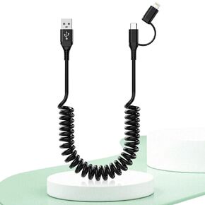 USB to USB-C and Lightning Cable 2 in 1 Support Apple Carplay & Android Auto [MFi Certified] 3A Fast Charge & Data Sync,Short Coiled Lightning and USB C Cable for iPhone 15/14/13/12/Android-Black